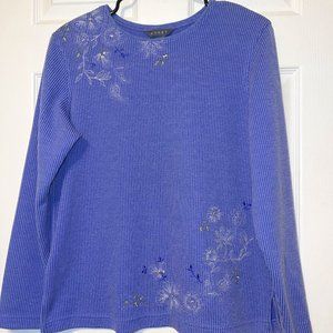 Vintage Koret Woman's Purple Knitted Floral Sweater with Shoulder Pads Small